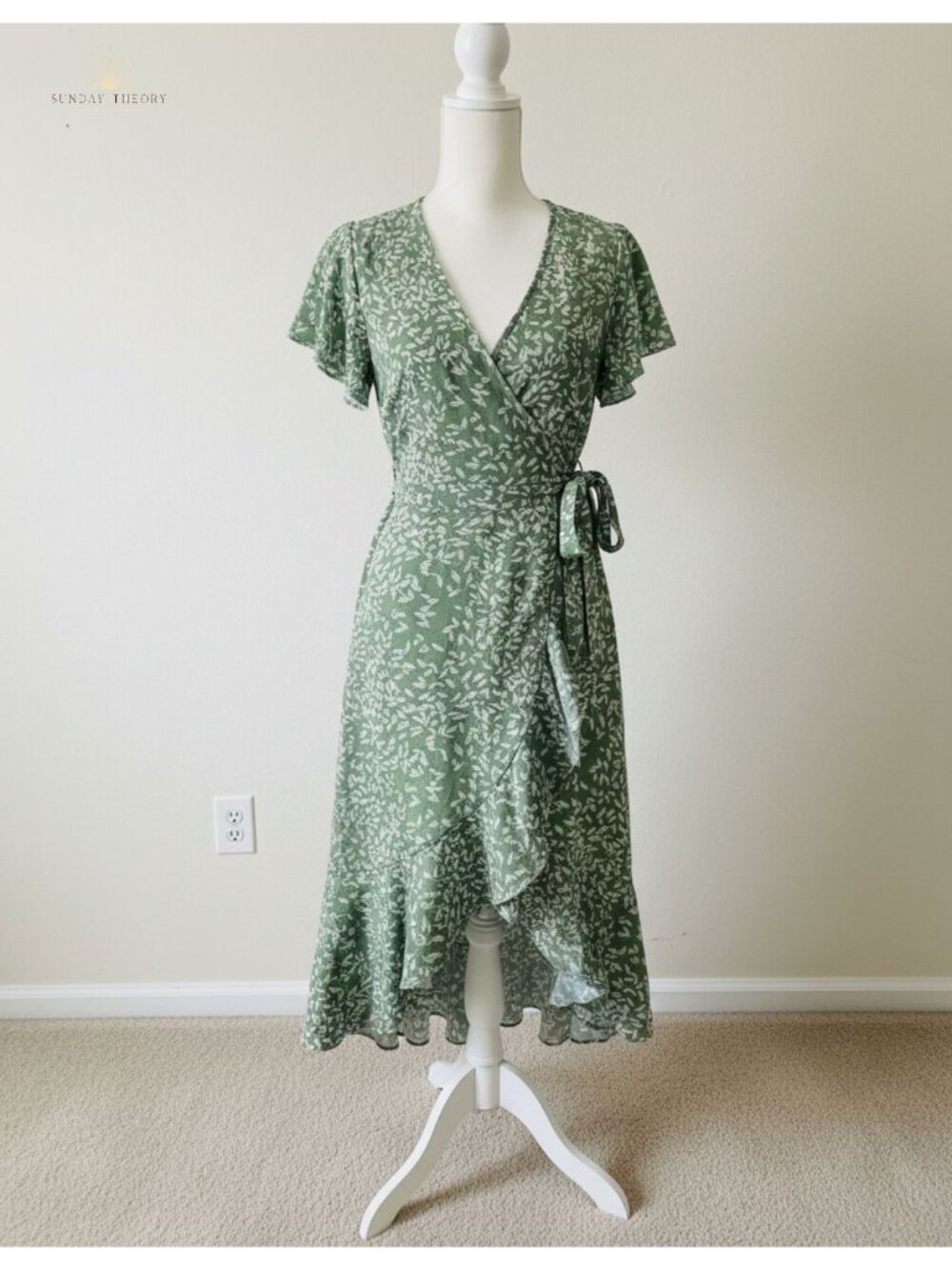 Women Summer Midi Wrap Dress Flutter Sleeve V-Neck A-Line Formal